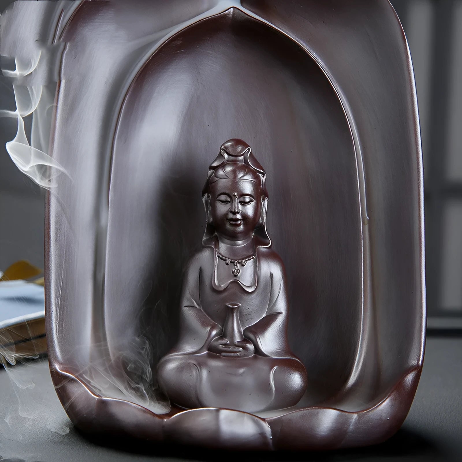 Ceramic back flow incense burner with sitting lotus Guanyin design for Buddha home altars