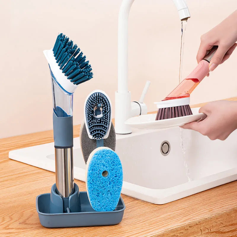 Multifunctional kitchen dish brush with soap dispenser and long handle in blue