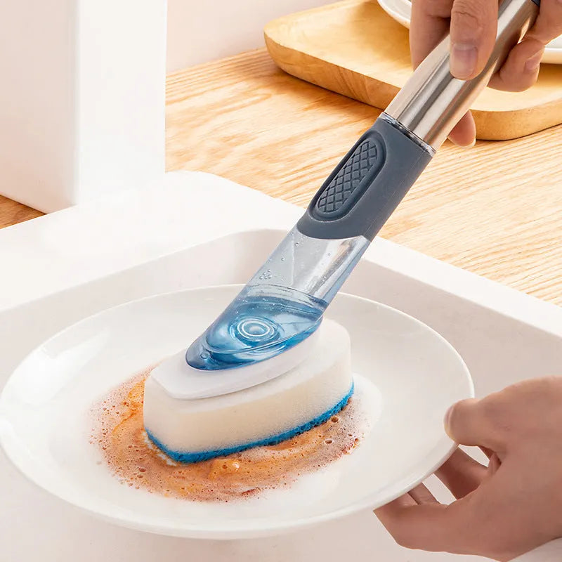 Multifunctional kitchen dish brush with soap dispenser and long handle in blue