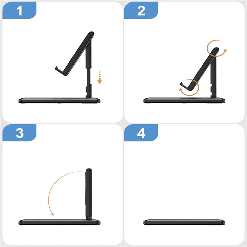 A folded and unfolded view of a black retractable mobile phone desktop stand on a wooden desk.