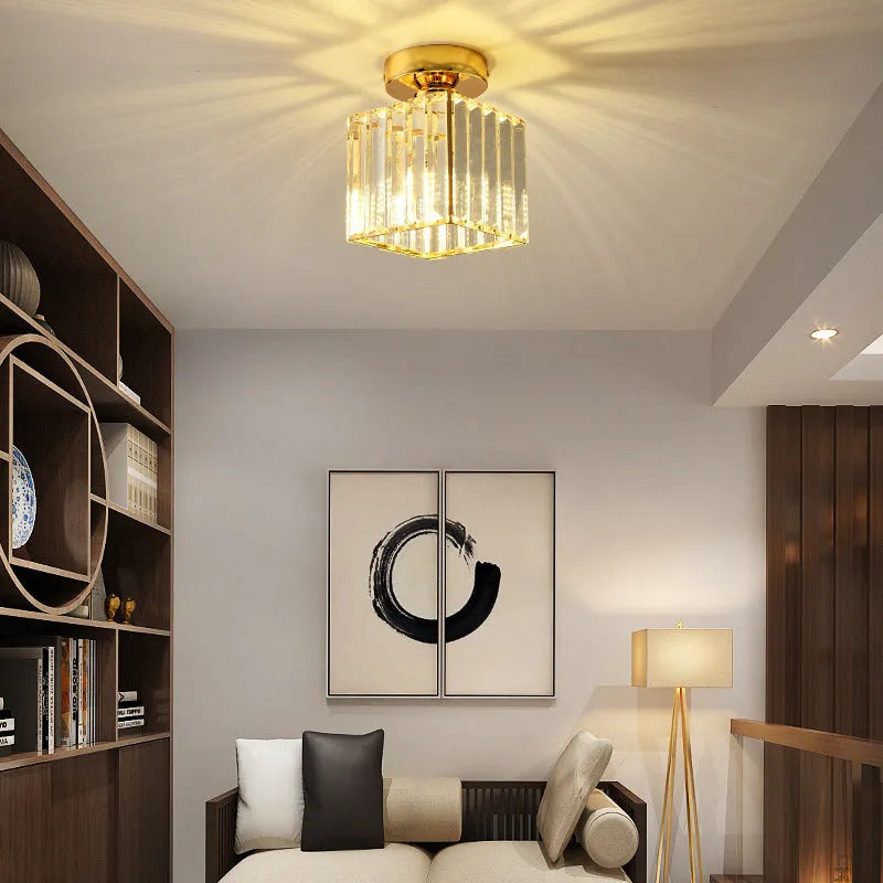 Crystal ceiling aisle light in gold or black, round or square, 220V LED warm light for hallway entrance study