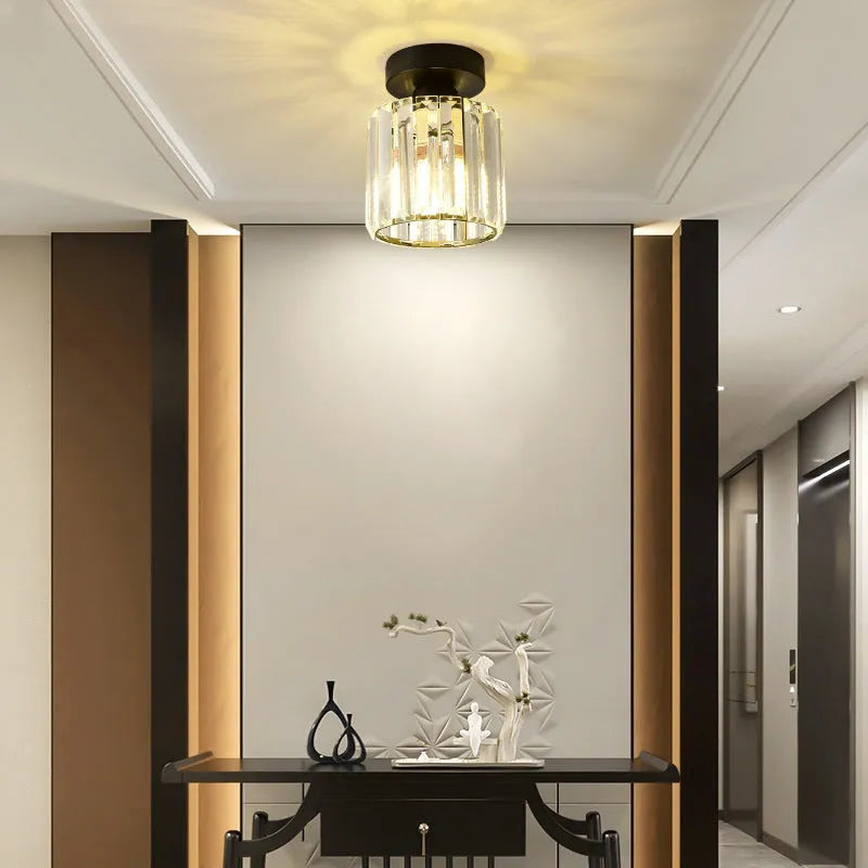 Crystal ceiling aisle light in gold or black, round or square, 220V LED warm light for hallway entrance study