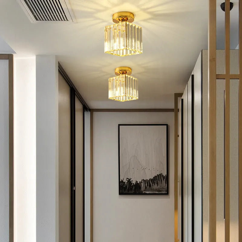 Crystal ceiling aisle light in gold or black, round or square, 220V LED warm light for hallway entrance study