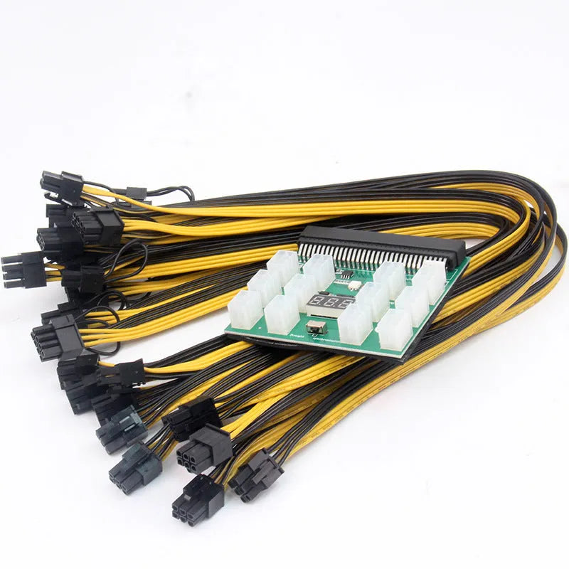 Server power conversion riser board with twelve 50 cm long 8-pin PCIe graphics card power cables attached.