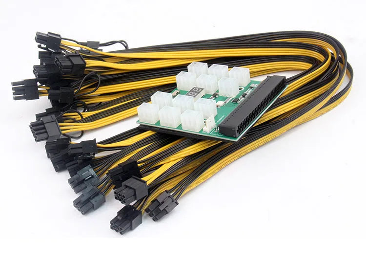 Server power conversion riser board with twelve 50 cm long 8-pin PCIe graphics card power cables attached.