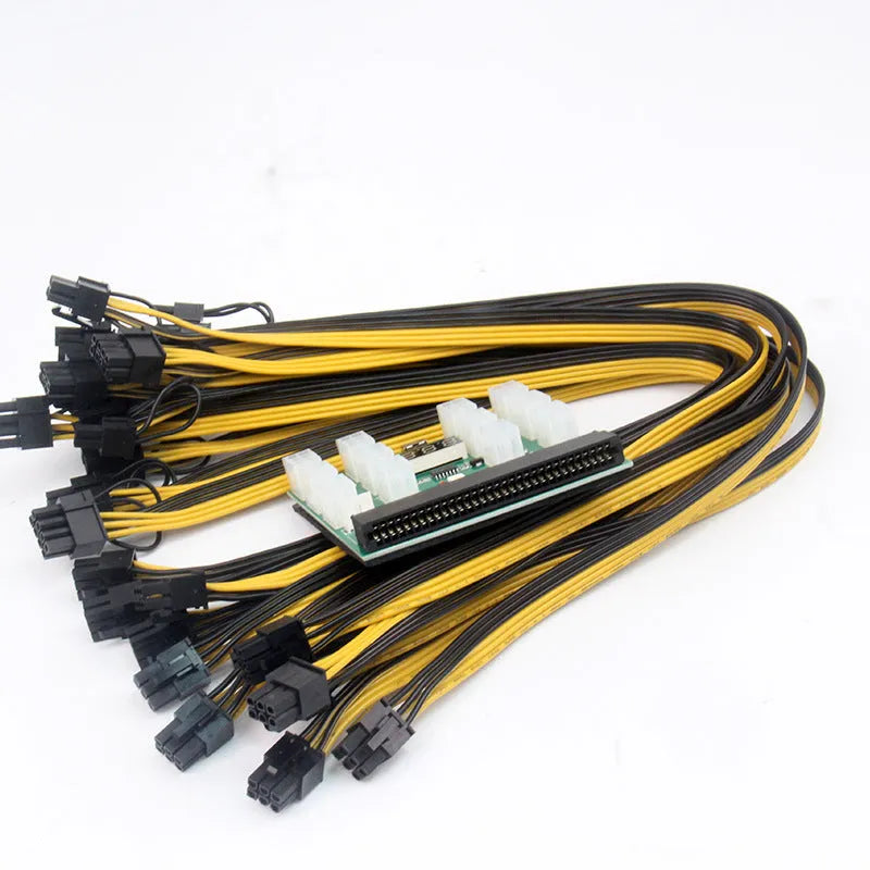 Server power conversion riser board with twelve 50 cm long 8-pin PCIe graphics card power cables attached.