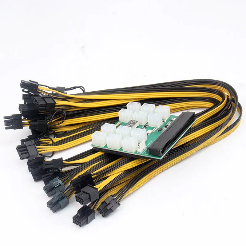 Server power conversion riser board with twelve 50 cm long 8-pin PCIe graphics card power cables attached.