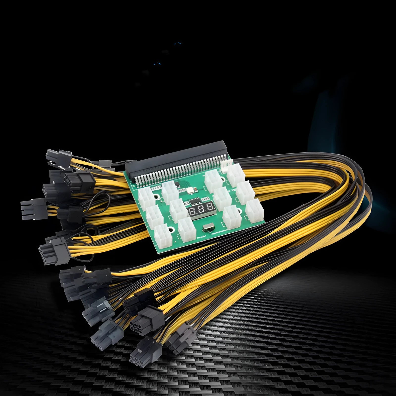 Server power conversion riser board with twelve 50 cm long 8-pin PCIe graphics card power cables attached.
