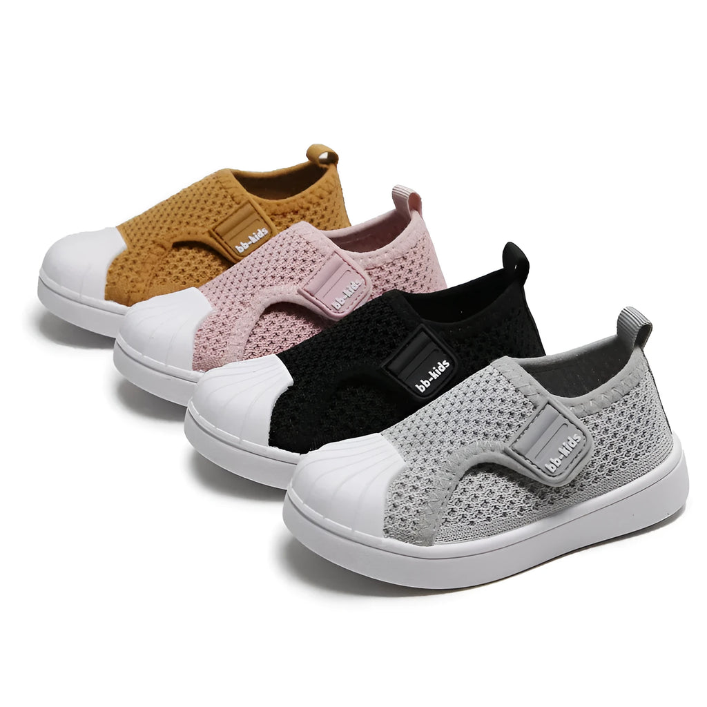 Kids' stripe pattern casual sneakers with PVC sole in yellow, grey, black, and rubber powder colours.