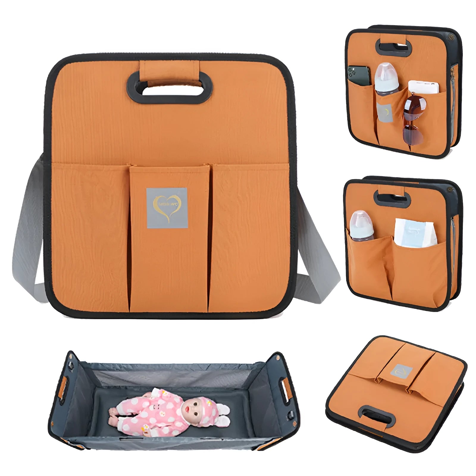 Portable shoulder baby nappy messenger bag with foldable cot, sunshade cloth, mosquito net, and soft mattress in green
