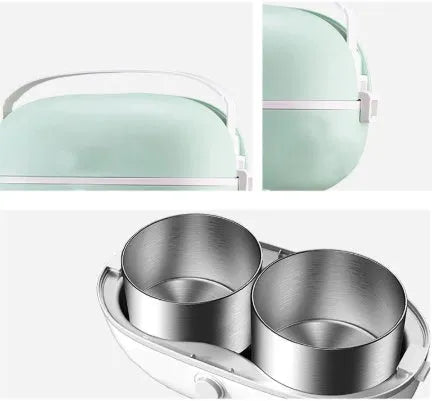 Green portable electric lunch box with 1 litre stainless steel inner tank and control buttons