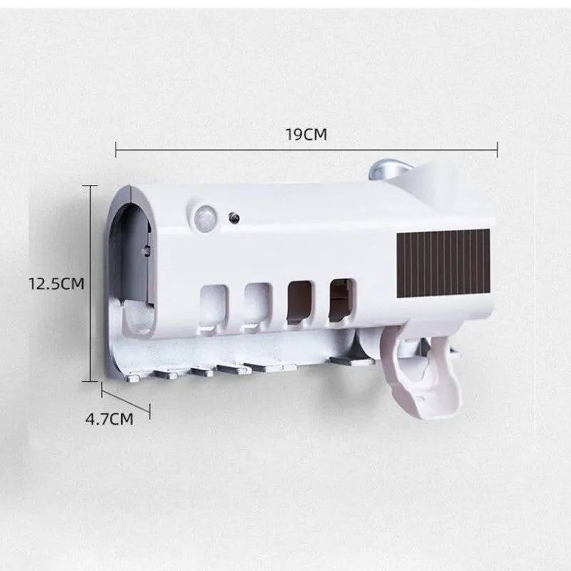 Wall-mounted UV toothbrush steriliser with automatic toothpaste squeezer in black or white colour