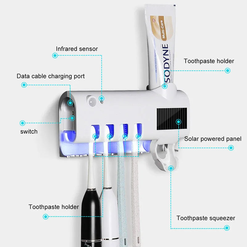 Wall-mounted UV toothbrush steriliser with automatic toothpaste squeezer in black or white colour