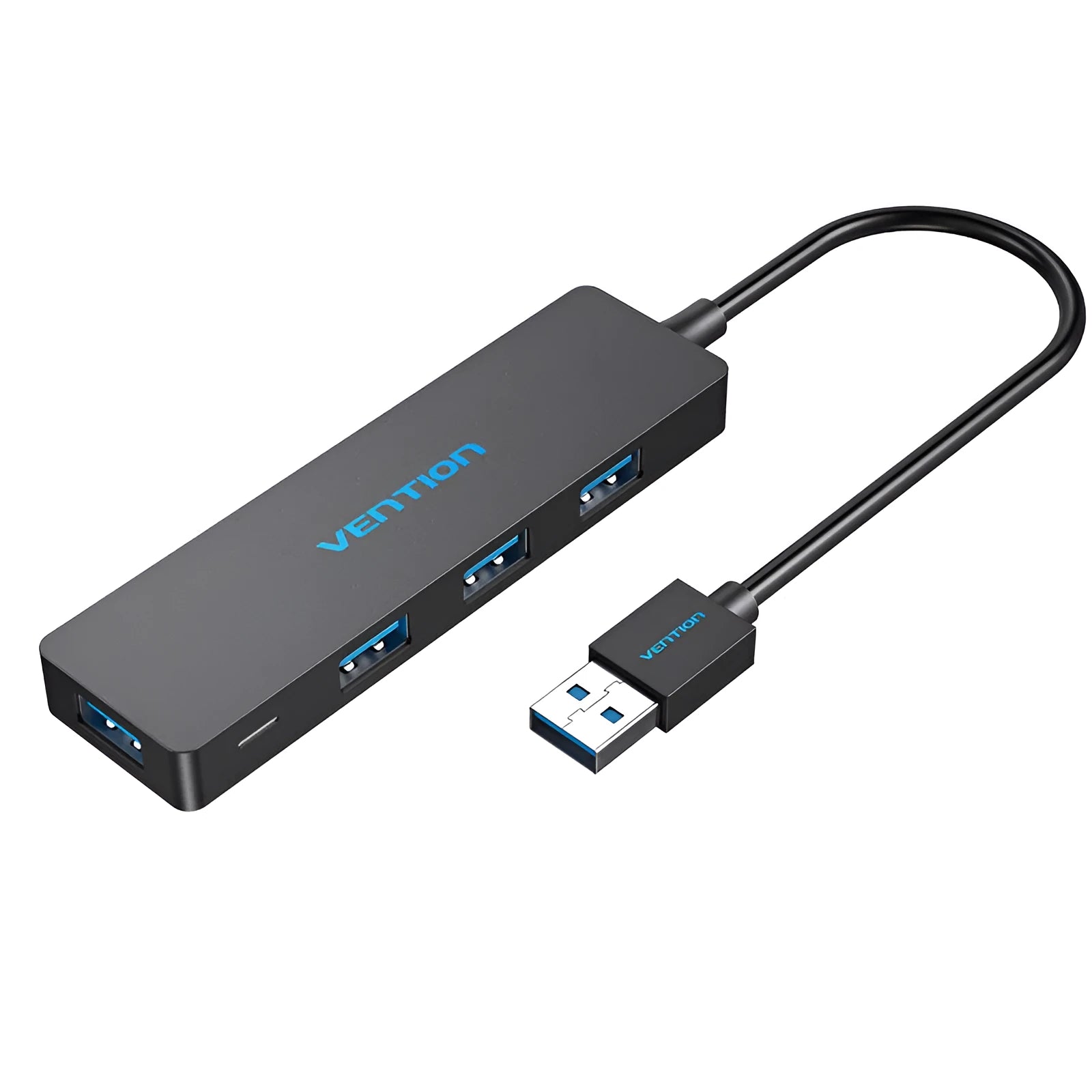 Black Wei Xun 4-port USB 3.0 hub with a short cable connected to a laptop