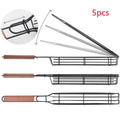 BBQ grill mesh basket with rotary lid and long wood handle placed on a metal grill outdoors