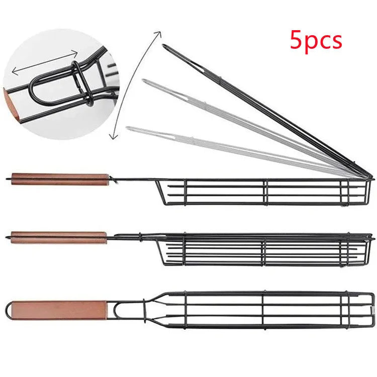 BBQ grill mesh basket with rotary lid and long wood handle placed on a metal grill outdoors