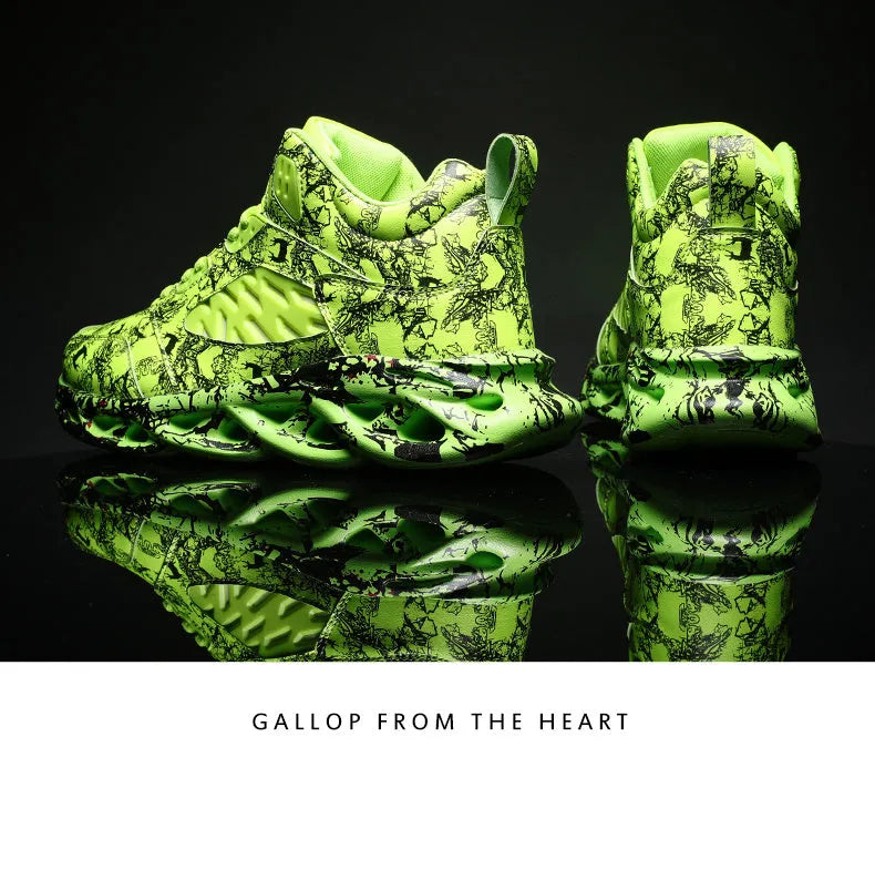 Men's high-top camouflage basketball shoes in black, green, red, and white colours.