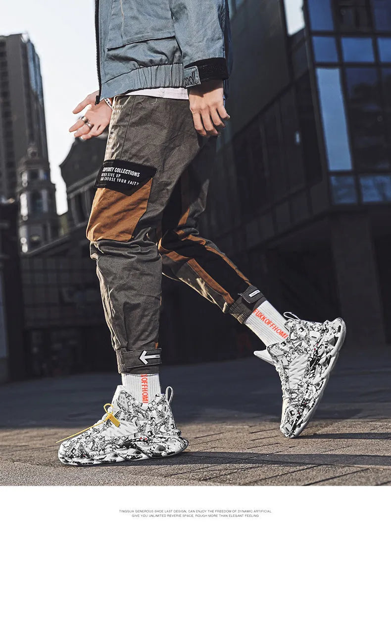 Men's high-top camouflage basketball shoes in black, green, red, and white colours.
