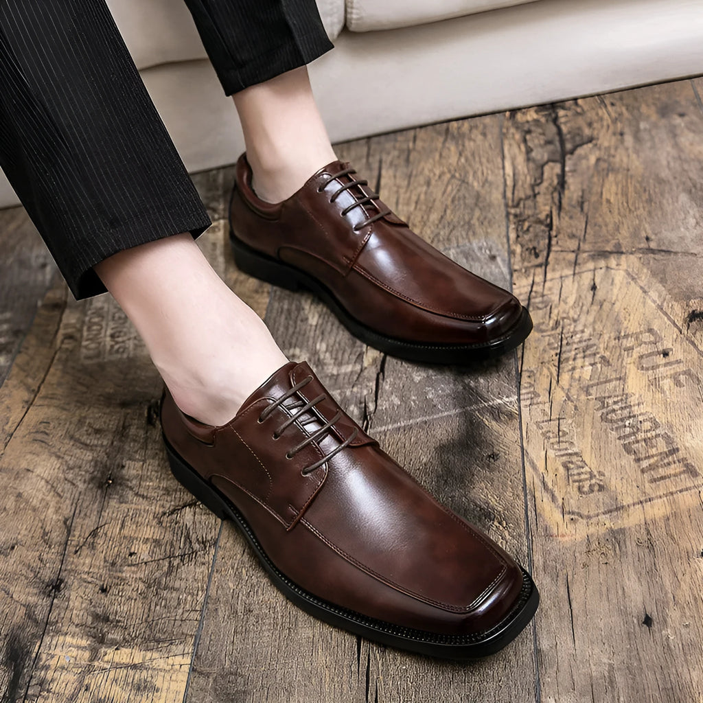 Men's black square toe business casual shoes with rubber soles and artificial PU upper