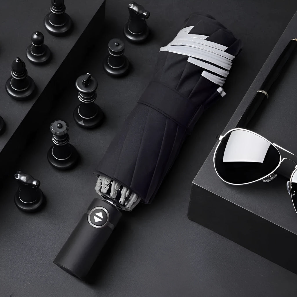 Automatic reverse folding umbrella with reflective cloth in black colour, showing folded length.