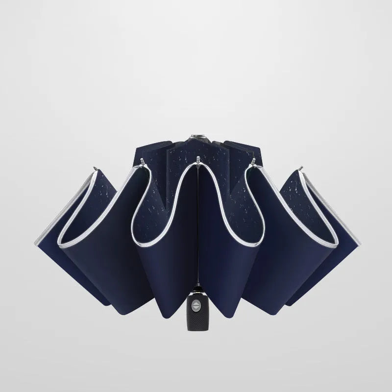 Automatic reverse folding umbrella with reflective cloth in black colour, showing folded length.