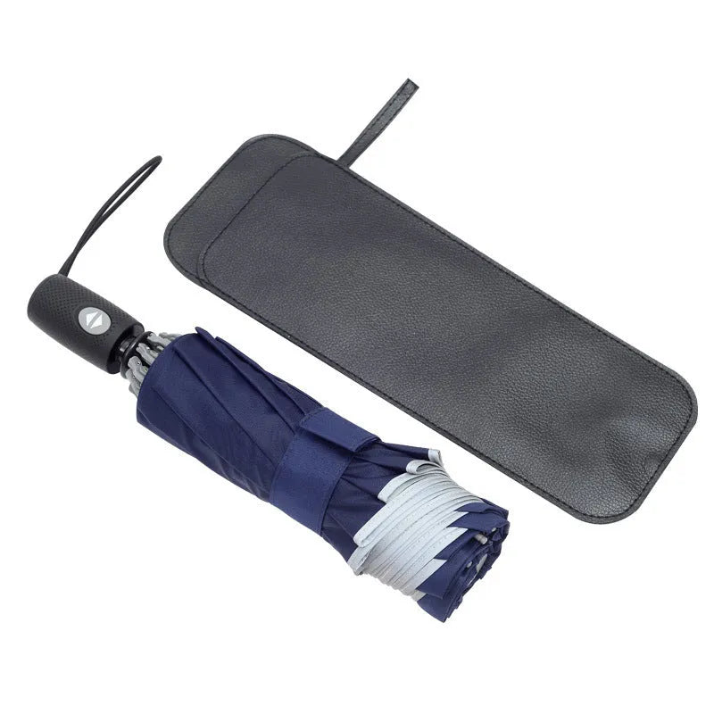 Automatic reverse folding umbrella with reflective cloth in black colour, showing folded length.