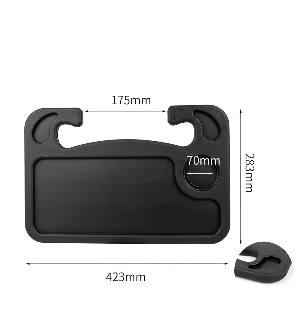 Large black HDPE car steering wheel tray measuring 42x28cm, placed over a steering wheel as a flat desk surface.