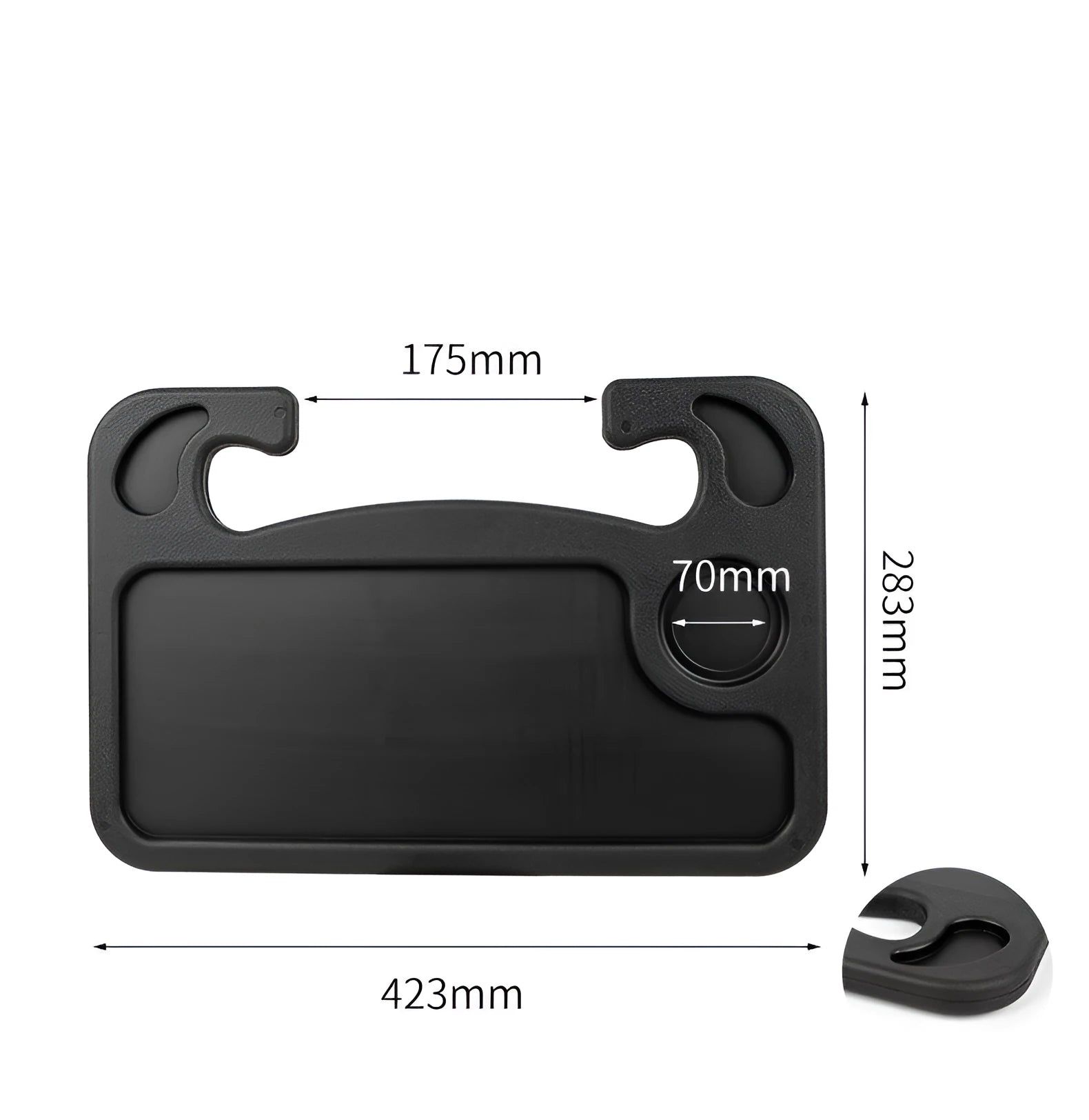 Large black HDPE car steering wheel tray measuring 42x28cm, placed over a steering wheel as a flat desk surface.