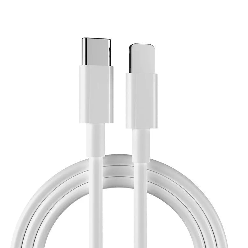 White 20W USB-C Power Delivery fast charger and cable for iPhone and iPad.