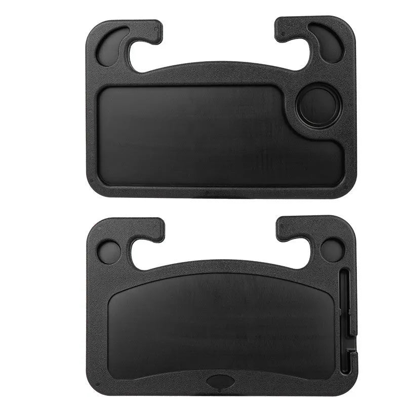 Large black HDPE car steering wheel tray measuring 42x28cm, placed over a steering wheel as a flat desk surface.