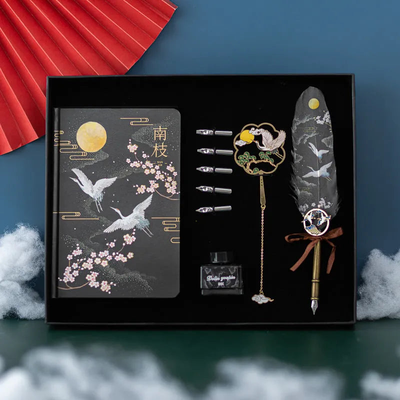 Chinese style feather pen set with metal case and notebook in Linghe, Songhe, Yunhe, and Guihe colours.