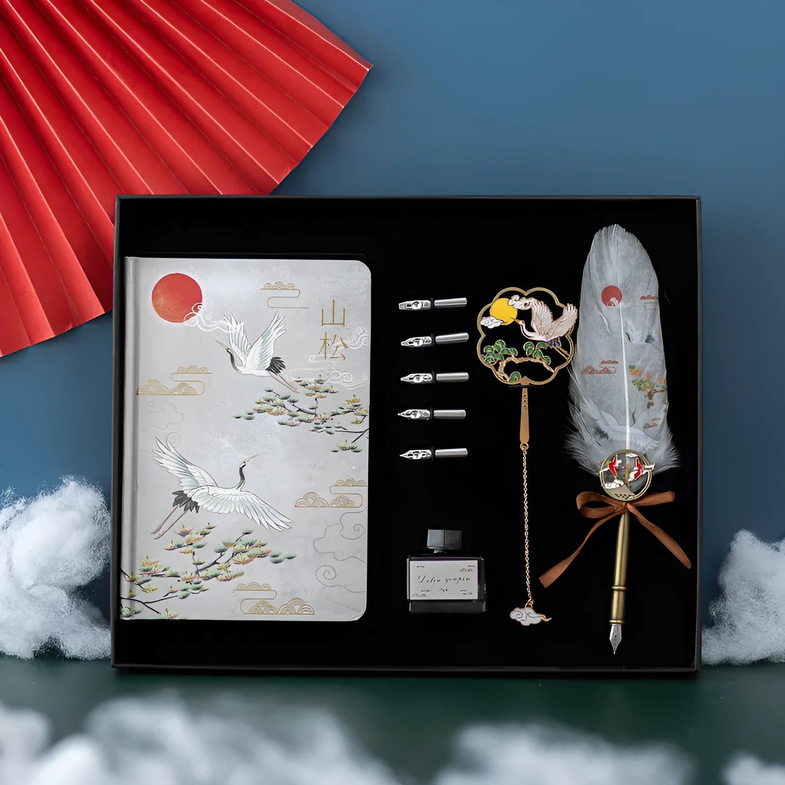 Chinese style feather pen set with metal case and notebook in Linghe, Songhe, Yunhe, and Guihe colours.