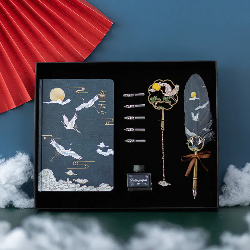 Chinese style feather pen set with metal case and notebook in Linghe, Songhe, Yunhe, and Guihe colours.