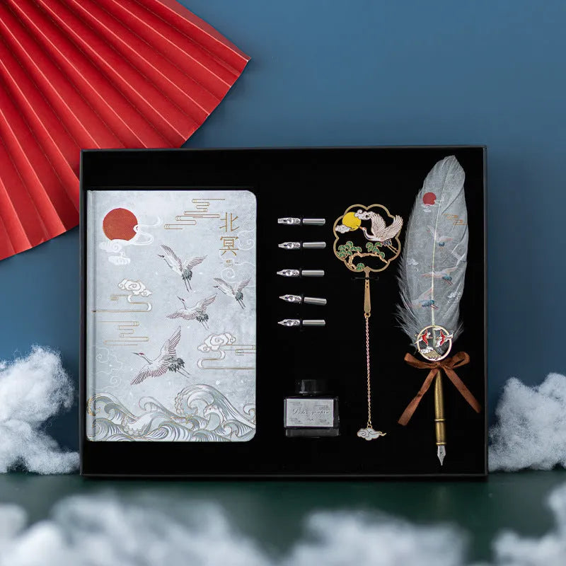 Chinese style feather pen set with metal case and notebook in Linghe, Songhe, Yunhe, and Guihe colours.