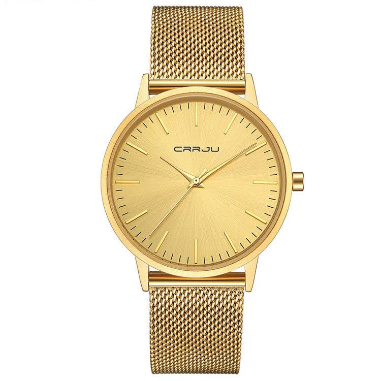 Casual waterproof quartz watch with alloy case available in black, gold or grey dial with mesh or leather strap
