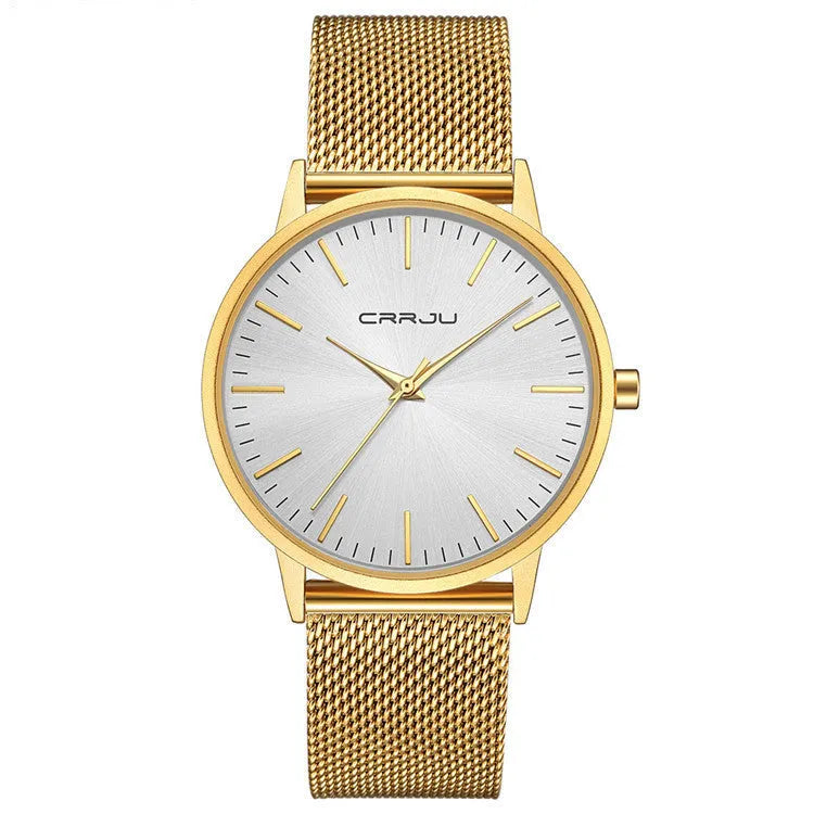 Casual waterproof quartz watch with alloy case available in black, gold or grey dial with mesh or leather strap