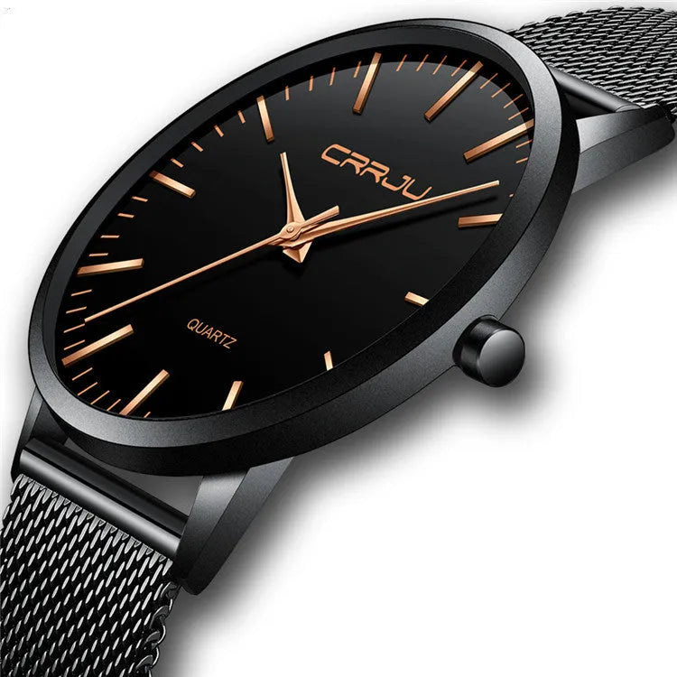 Casual waterproof quartz watch with alloy case available in black, gold or grey dial with mesh or leather strap