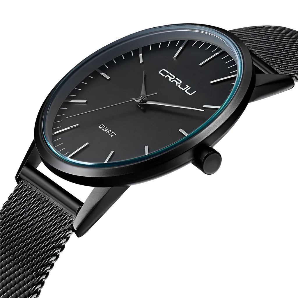 Casual waterproof quartz watch with alloy case available in black, gold or grey dial with mesh or leather strap