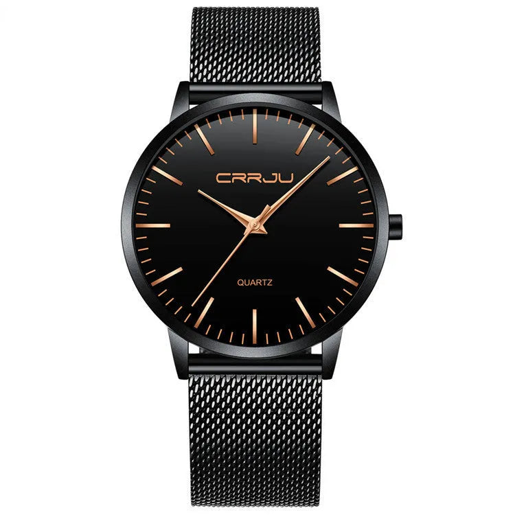 Casual waterproof quartz watch with alloy case available in black, gold or grey dial with mesh or leather strap