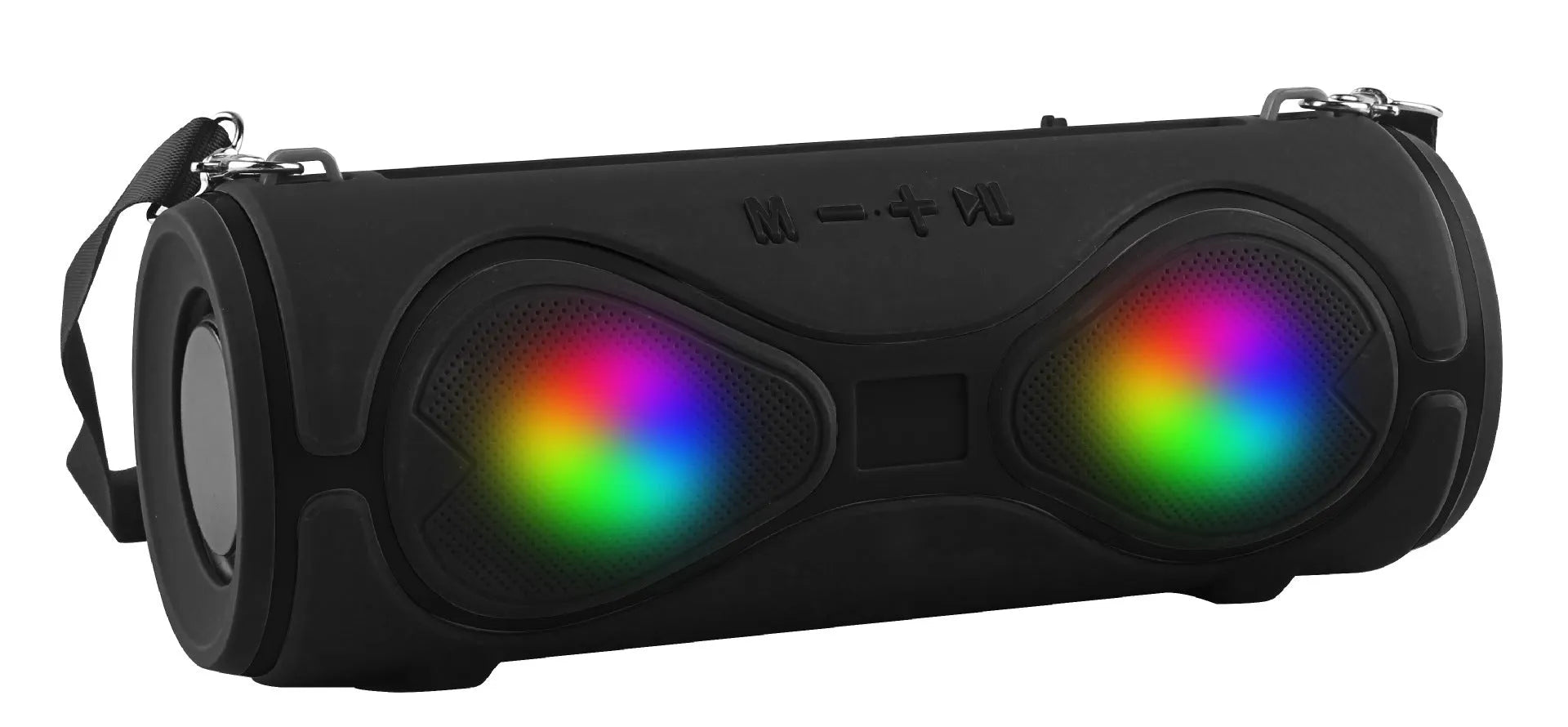 Portable lantern-style Bluetooth speaker with a carrying strap and built-in mobile phone stand.