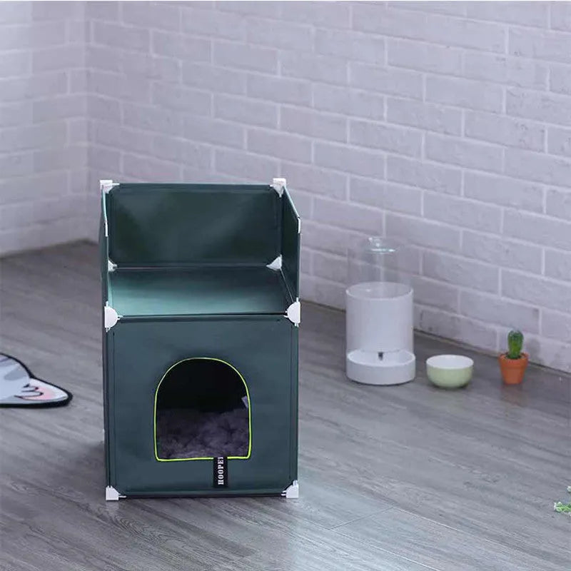 Fully enclosed cat villa with waterproof polyester cover and metal frame in blue, 35x35x35 cm size