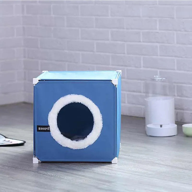Fully enclosed cat villa with waterproof polyester cover and metal frame in blue, 35x35x35 cm size
