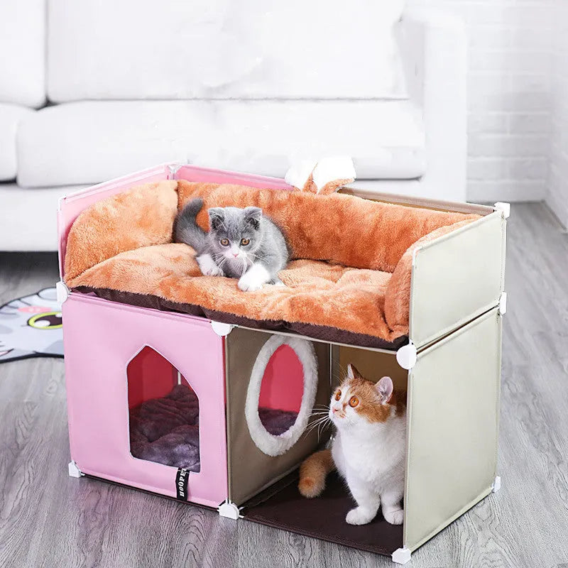 Fully enclosed cat villa with waterproof polyester cover and metal frame in blue, 35x35x35 cm size