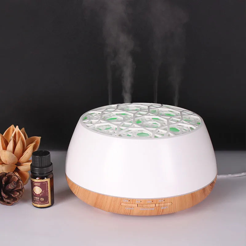 Four-hole misting ultrasonic aroma diffuser in dark wood grain finish with 400ml capacity and control buttons
