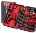 25 piece steel manicure set with black matt tools in a 15.3cm x 10.5cm case, available in black, blue and pink options.
