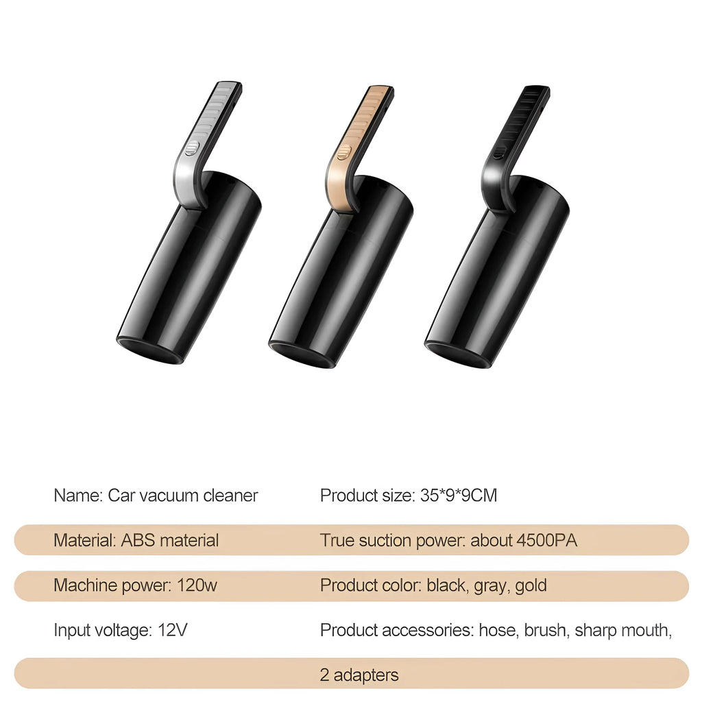Handheld car vacuum cleaner 120W in black with nozzle, wet dry portable ABS design
