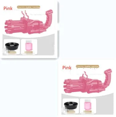 Kids plastic bubble machine gun toy in pink, gold, or black colours with removable bubblehead for fan use.