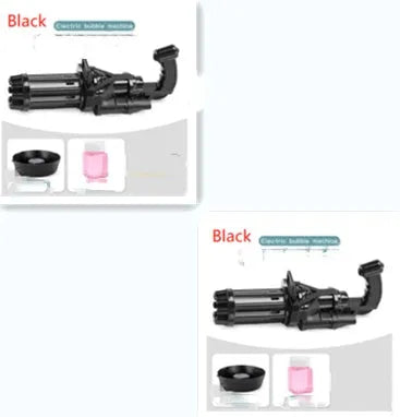 Kids plastic bubble machine gun toy in pink, gold, or black colours with removable bubblehead for fan use.
