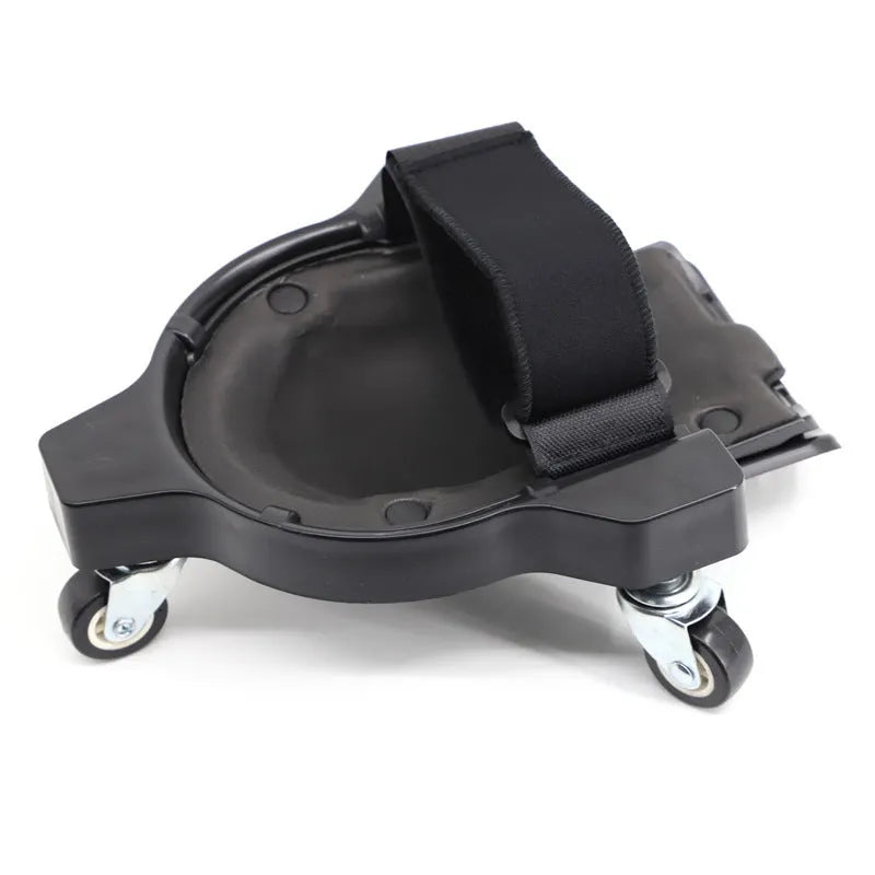 Red and black multi-function pulley knee pad with ABS frame, sponge pad, and universal wheels on a tiled floor