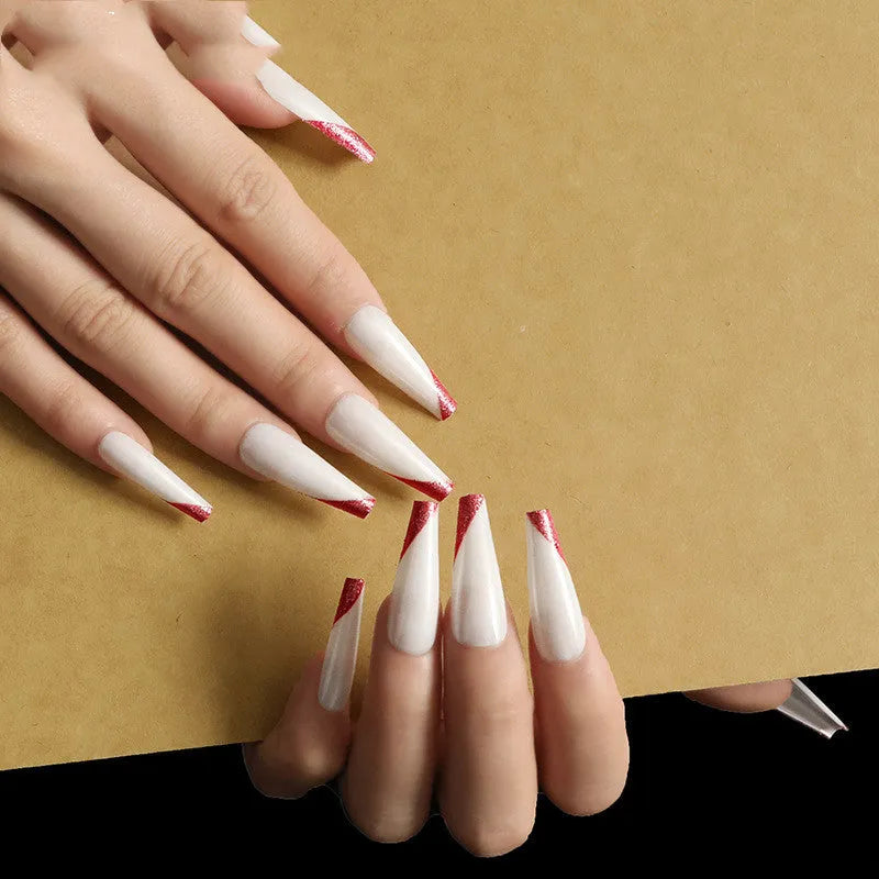Rose gold beveled edge French manicure long ballet fake nails in a box of 24 pieces
